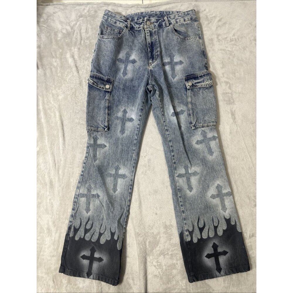 Aelfric Eden Women’s 32 Cross Print Cargo Jeans Flame Hem Wide Leg Y2K